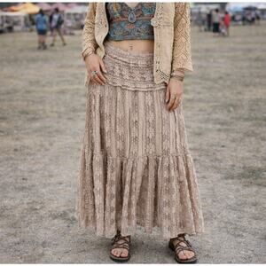 Max Edition Lace Tiered Maxi Skirt L Boho Cottagecore Elastic Waist Taupe